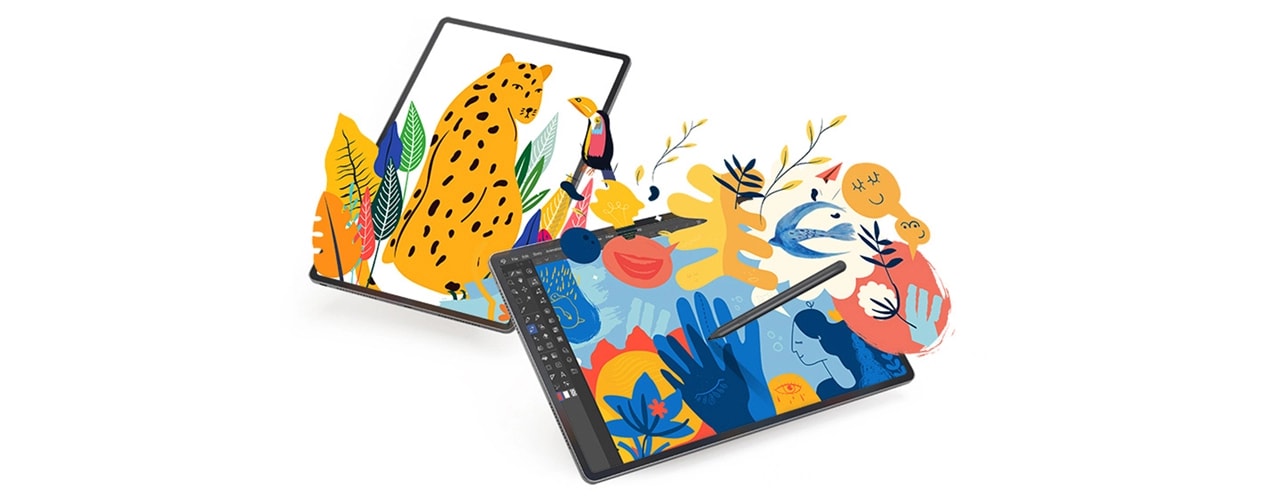 Deux tablettes Lenovo Tab Extreme latérales, l'une verticale, l'autre horizontale, montrant toutes deux des personnages animés colorés semblant percer les écrans