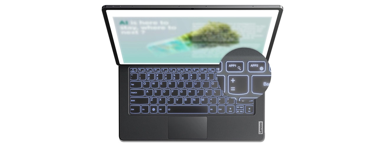 Vue aérienne de la tablette Lenovo Tab Extreme, avec le clavier Lenovo Tab Extreme en option, avec gros plan des touches de raccourci APP1 et APP2