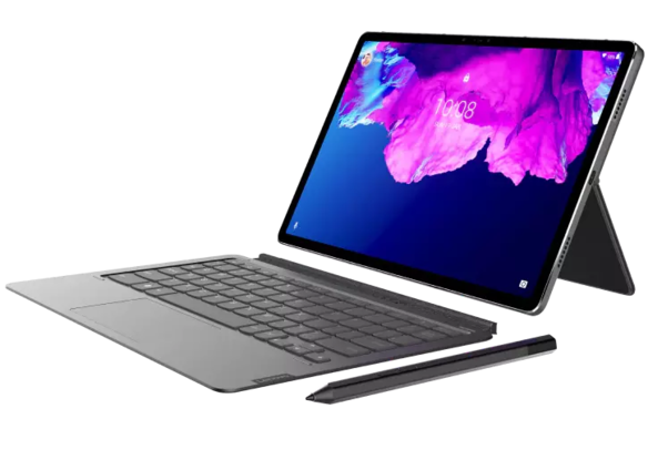 Left three-quarter view of Lenovo Tab P11 Pro with keyboard and optional precision pen pro sitting in front of it
