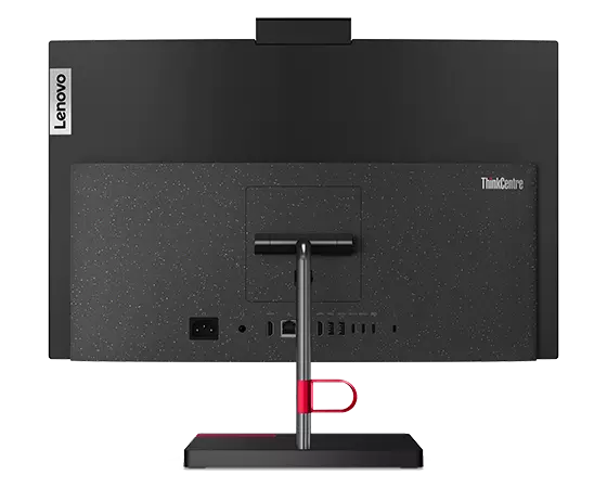 Rear-facing ThinkCentre Neo 50a all-in-one PC, showing rear cover, monitor stand, smart cable clip, & ports