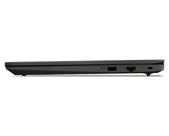 Vue du côté droit du portable Lenovo V15 Gen 4 fermé en Basic Black.