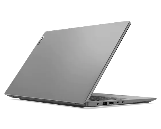 Lenovo V15 Gen 4 Notebook in Arctic Grey, Rückseite mit Blick auf den Gehäusedeckel und die Anschlüsse auf der linken Seite.
