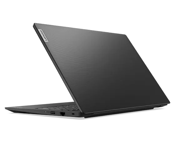 Achterkant van Lenovo V15 Gen 4-laptop in Basic Black, met bovenkant en poorten rechts.