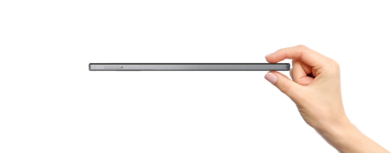 Hand holding Lenovo Tab M9 tablet horizontally with two fingers to show thinness