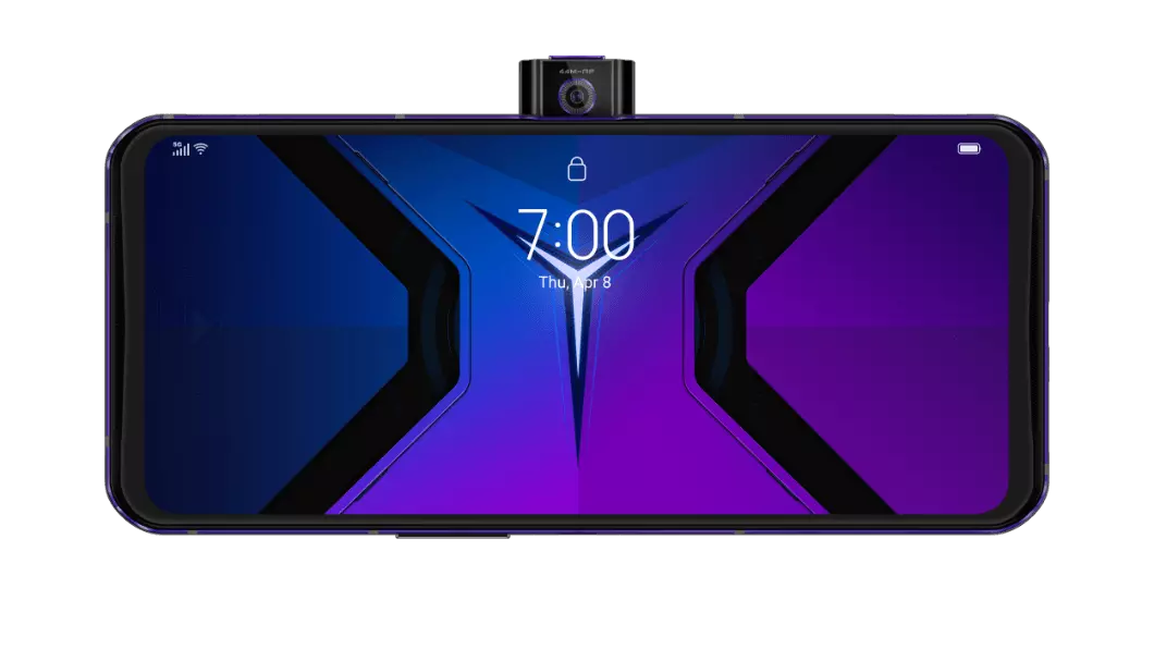 Lenovo Legion Phone Duel 2 in Ultimate Black, front view horizontal, screen on with date and time in front of Legion logo, user-facing camera up