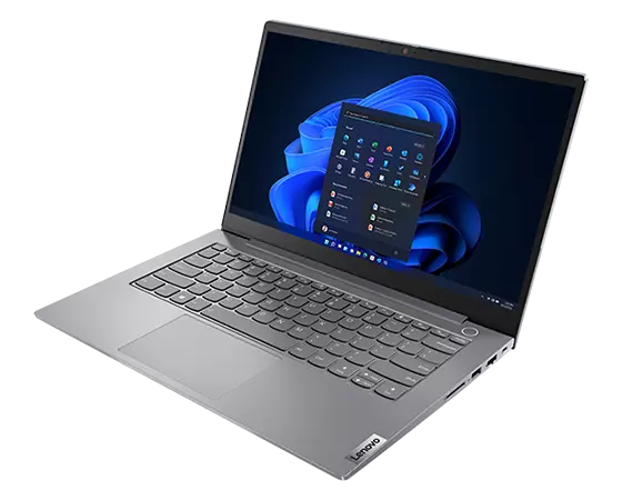 Lenovo ThinkBook 14 Gen 5 (14ʺ AMD) laptop – ¾ right-front view, open 90 degrees.
