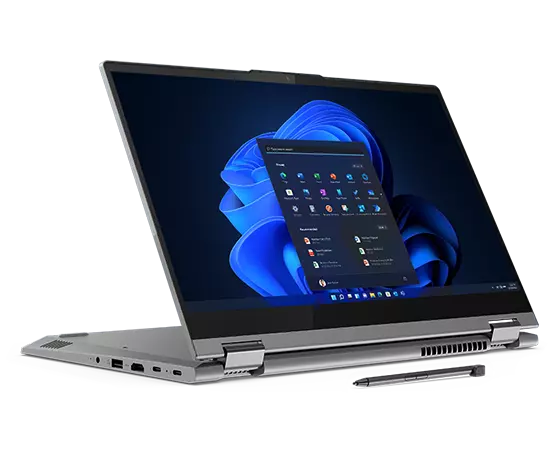 Lenovo ThinkBook 14s Yoga Gen 3 convertible laptop in stand mode, with included smart pen in front.