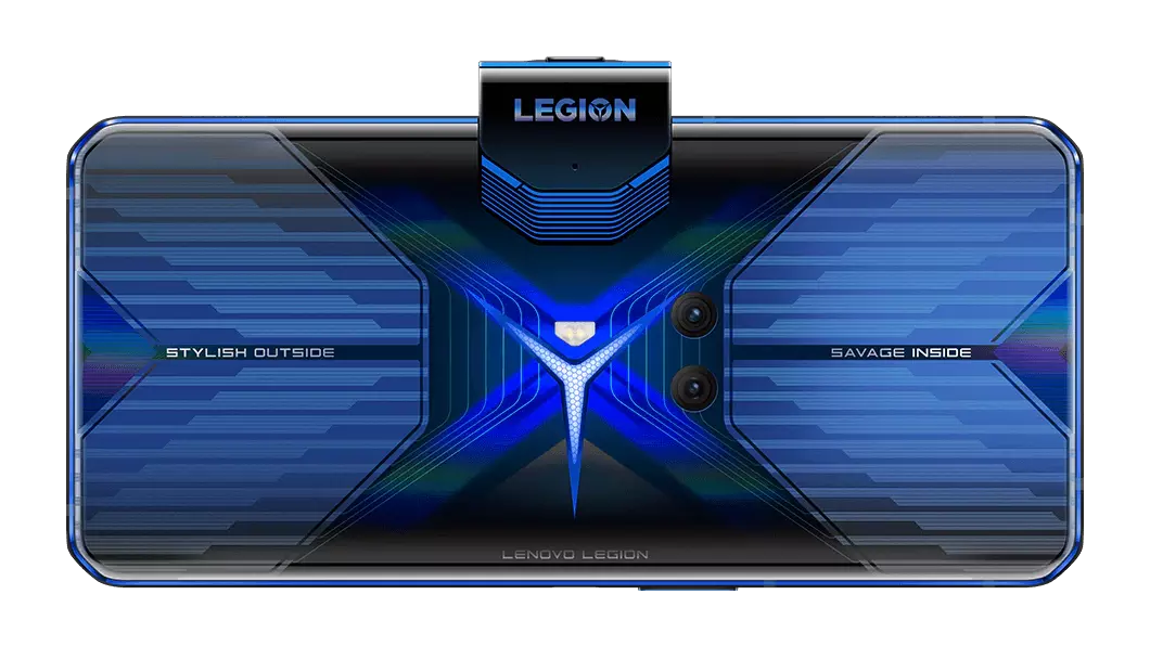 Rear side of the blazing blue Legion Phone Duel showing rear-facing cameras and pop-up front-facing camera