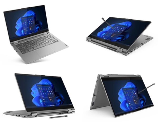 4 Lenovo ThinkBook 14s Yoga Gen 3 2-in-1s in Mineral Grey, in each of the usage modes clockwise: laptop, tablet, tent, & stand.