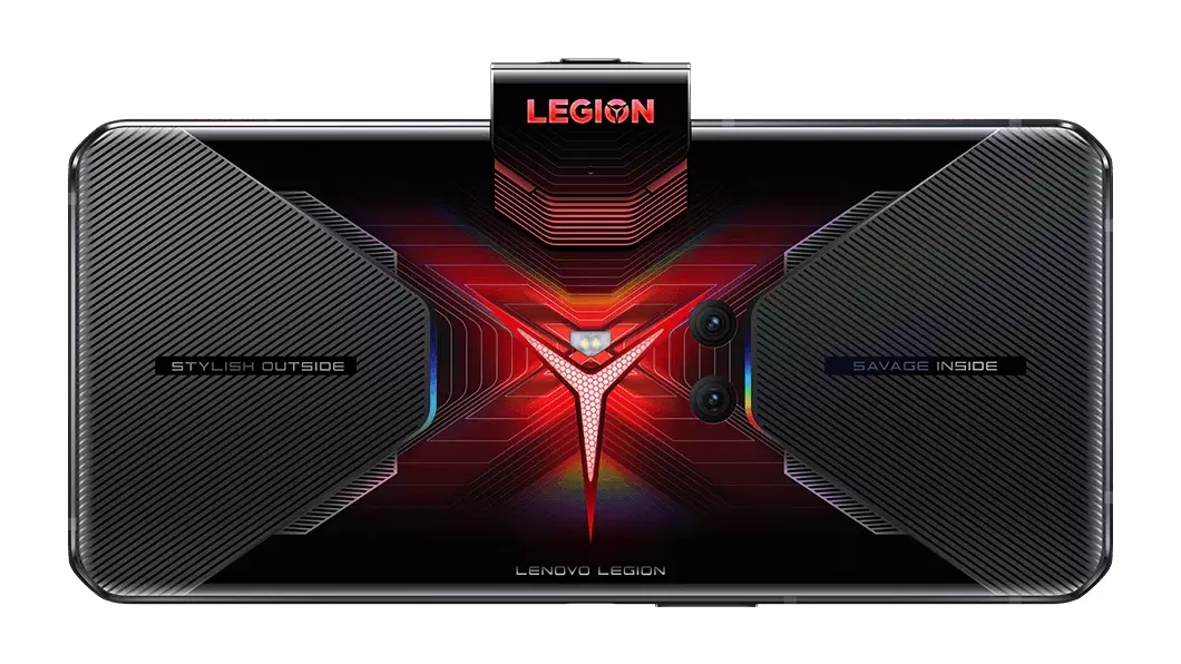 Rear side of the vengeance red Legion Phone Duel showing rear-facing cameras and pop-up front-facing camera