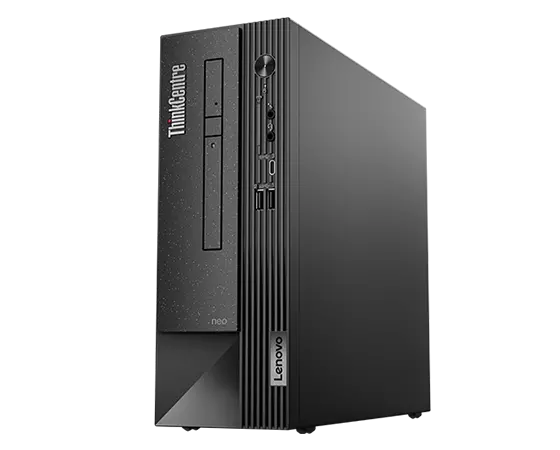 The front-facing ThinkCentre Neo 50s Gen 4 SFF business PC viewed at a low angle from the front-right corner.