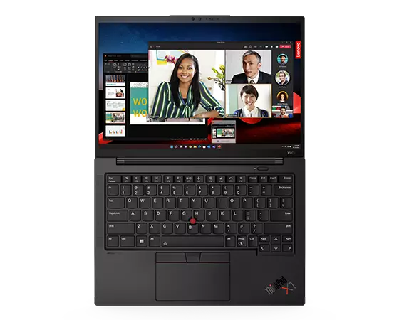 Lenovo ThinkPad X1 Carbon laptop: Top/front view, lid open flat, with a video conference on the display