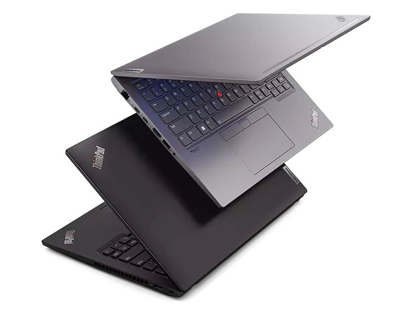 Deux portables Lenovo ThinkPad série T flottant, dos à dos, avec argent sur le dessus et noir en dessous.