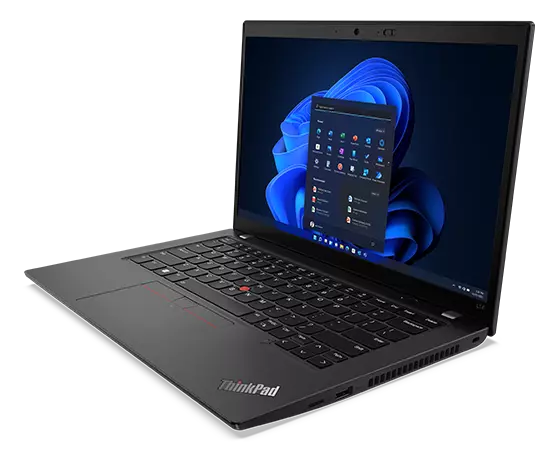 Lenovo ThinkPad L14 Gen 4 (14” AMD) laptop – front right view, lid open with search window over blue wavy background