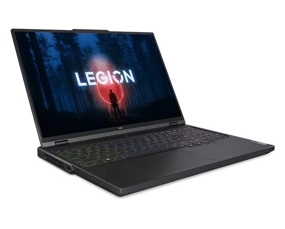 Legion Pro 5 Gen 8 (16" AMD), von rechts vorne, flach liegend mit eingeschaltetem Display