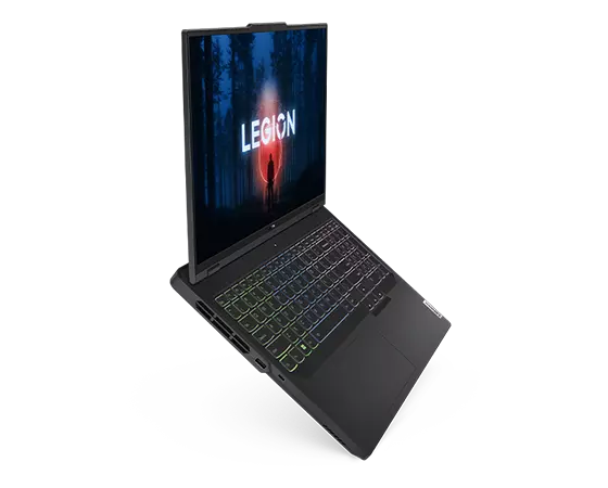 Legion 5 Pro Gen 8 (16″ AMD) fully opened with screen on, angled to the right