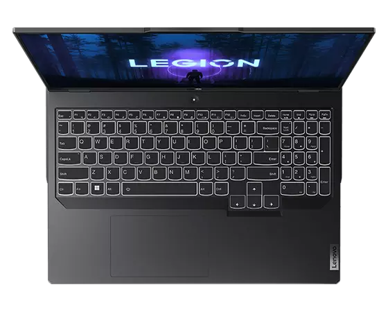 Legion Pro 5i Gen 8 (16'' Intel) bovenaanzicht van toetsenbord met witte achtergrondverlichting aan