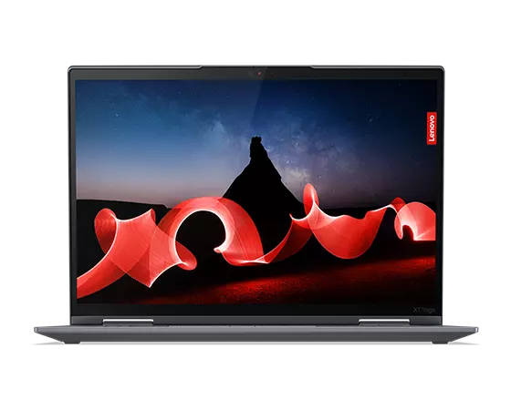 Vista anteriore del notebook 2-in-1 Lenovo ThinkPad X1 Yoga di ottava generazione, che mostra lo straordinario schermo OLED da 35,56 cm (14").