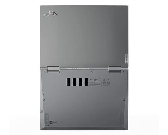 Yläkuva Lenovo ThinkPad X1 Yoga Gen 8 2-in-1 -laitteesta 180 astetta avattuna ja alaspäin suunnattuna, näkyvissä ala- ja yläkannet.