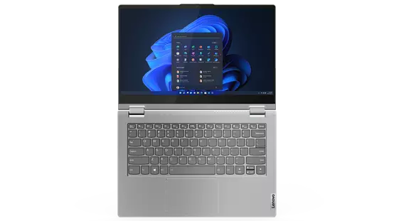 A mineral grey ThinkBook 14s Yoga Gen 2 convertible laptop in regular laptop mode, open 180° to highlight the 14" display and full-size keyboard.
