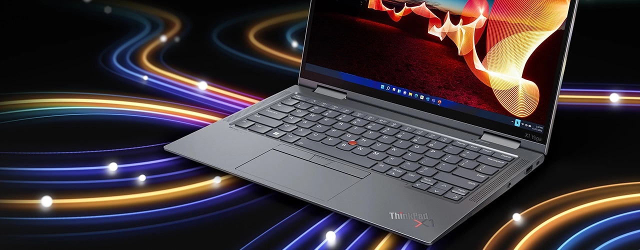 Close-up of the Lenovo ThinkPad X1 Yoga Gen 8 2-in-1 in laptop mode with swirly lines around suggesting connectivity. 