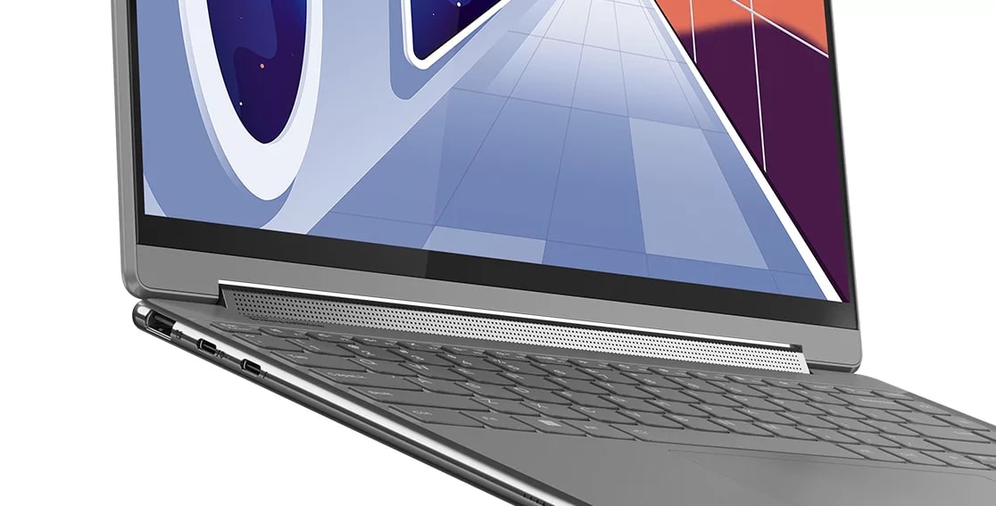 Left-side facing of Yoga 9i Gen 8 2-in-1 laptop, Oatmeal color, opened in laptop mode, showing parts of keyboard and display with animated space ship corridor