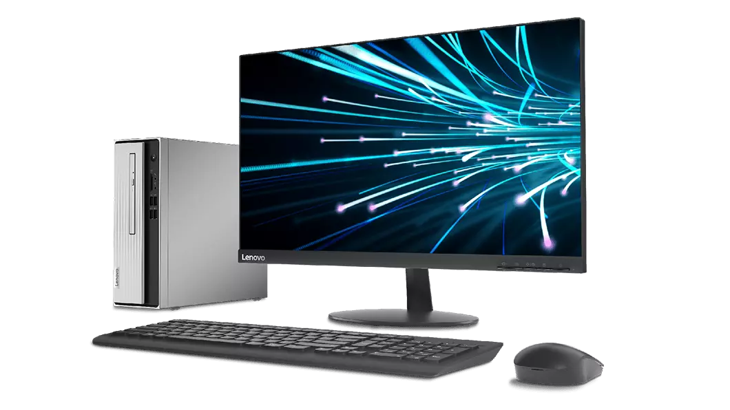 Lenovo IdeaCentre 3 AMD next to monitor, keyboard and mouse