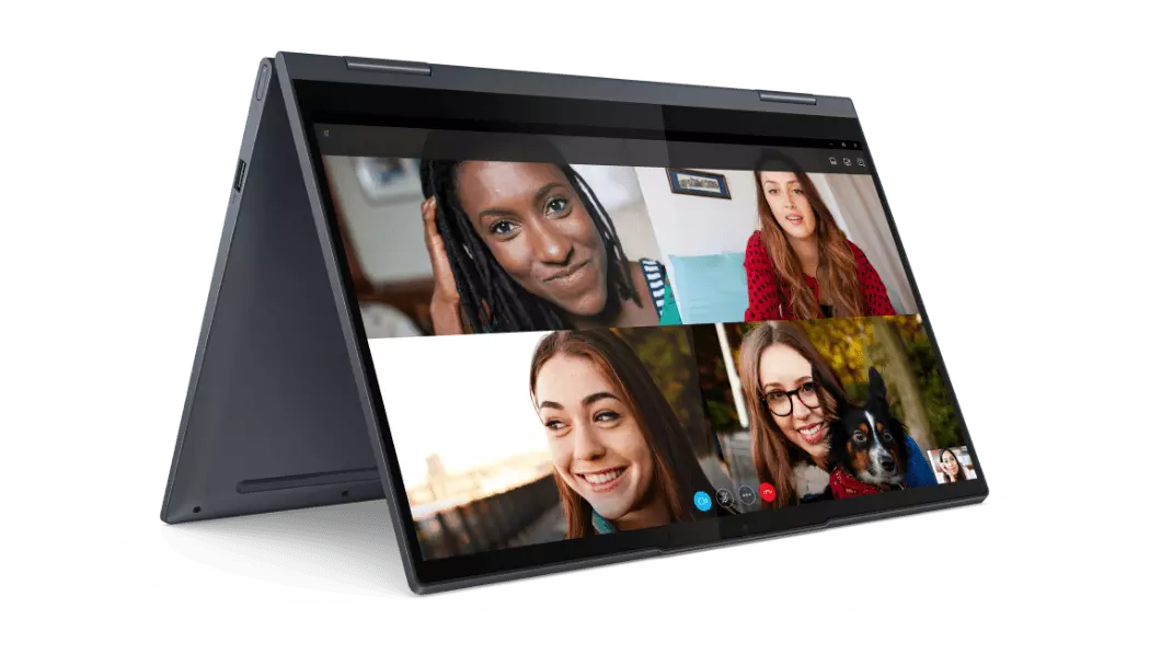 Lenovo Yoga 7 (14, AMD), open in tent mode, showing FHD display.