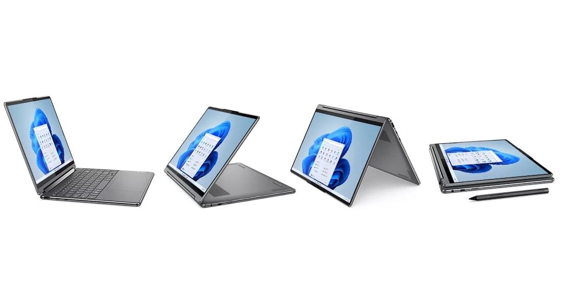 Four Yoga 9i Gen 8 2-in-1 laptops, Storm Grey color, opened in 4 different ways: laptop , tent, presentation, & tablet mode, with Lenovo Precision Pen 2 stylus (included)