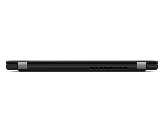 Vista posterior do Lenovo Thinkpad L13 (4.ª geração) com a tampa fechada, a mostrar as articulações e a ventilação.