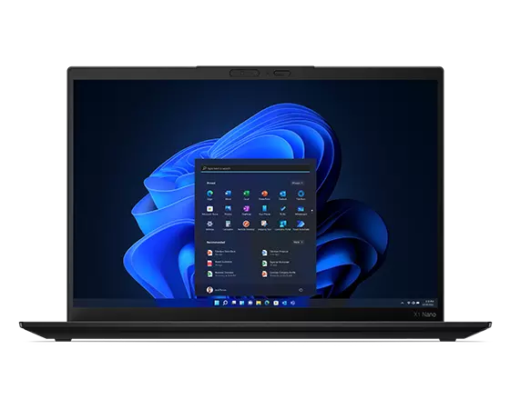 Headshot of the Lenovo ThinkPad X1 Nano Gen 3 laptop, showcasing the 13 inch display with Windows 11 Pro Start menu.