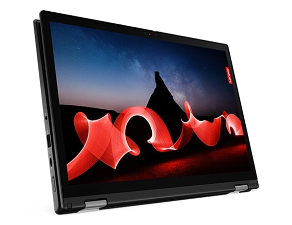 Lenovo ThinkPad L13 Yoga Gen 4 im Tablet-Modus, horizontal, Ansicht von vorne mit Blick auf das bunte Display.