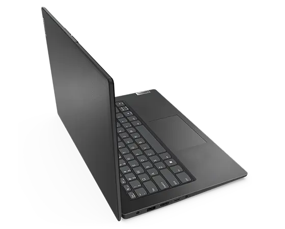 A Business Black Lenovo V14 Gen 4 (Intel) laptop opened 90° and viewed at a high angle from the rear-left corner