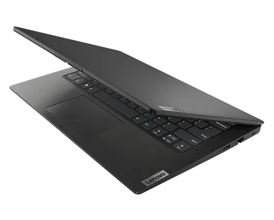 A partially opened Lenovo V14 Gen 4 (Intel) laptop in Business Black, viewed at a high angle from the front-right corner