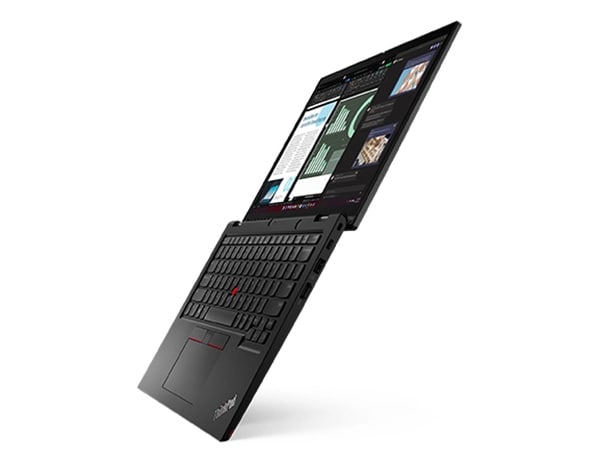 Lenovo ThinkPad L13 Yoga Gen 4, nach links gerichtet, um 180 Grad geöffnet, mit Blick auf Display und Tastatur.