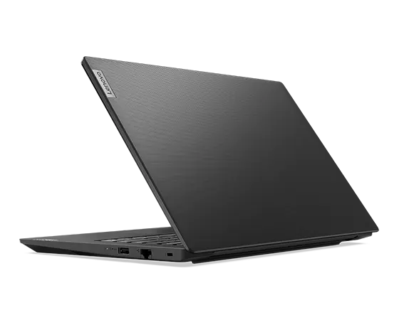 A partially-open Business Black Lenovo V14 Gen 4 (Intel) laptop, viewed from the rear-right corner