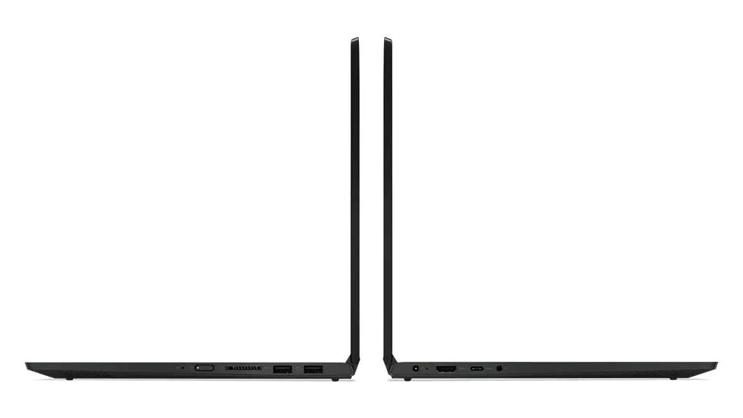 Zijaanzicht van twee Ideapads C340 (14) laptops in geopende stand met de ruggen tegen elkaar