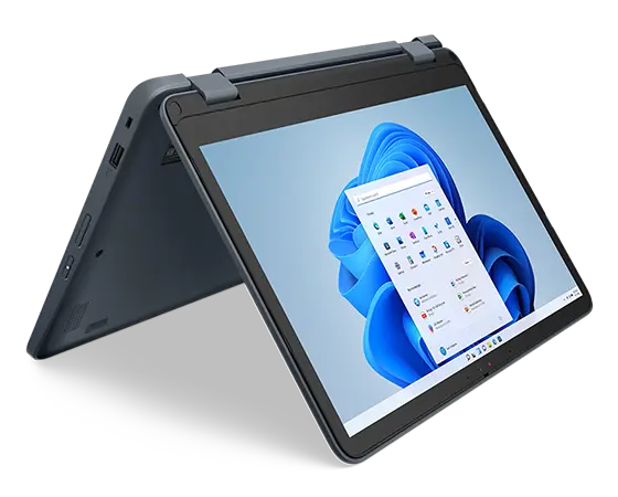 Lenovo 300w Yoga Gen 4 (11” Intel) 2-in-1 laptop – tent mode, from front left, showing Windows menu