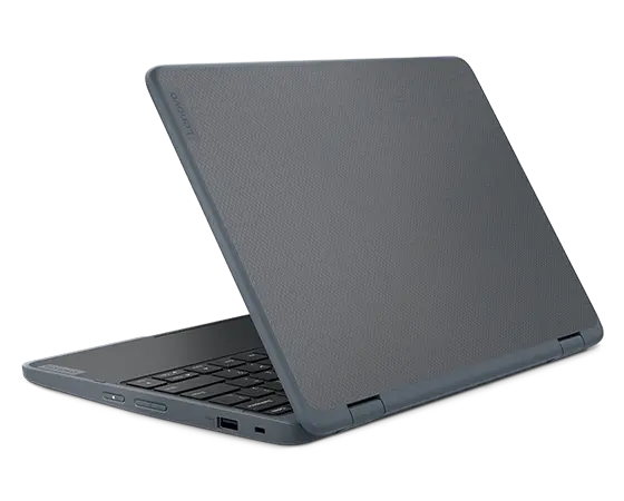Lenovo 300w Yoga Gen 4 (11” Intel) 2-in-1 laptop – right rear view in laptop mode, with lid partially open