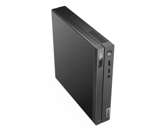 Side-facing Lenovo ThinkCentre Neo 50q Gen 4 (Intel) Thin Client, stood vertically, showing front & two side panels