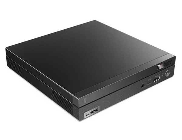 Lenovo ThinkCentre Neo 50q Gen 4 (Intel) Thin Client, Ansicht von der Seite, waagerecht liegend, mit Blick auf die Anschlüsse vorne und auf beiden Seiten