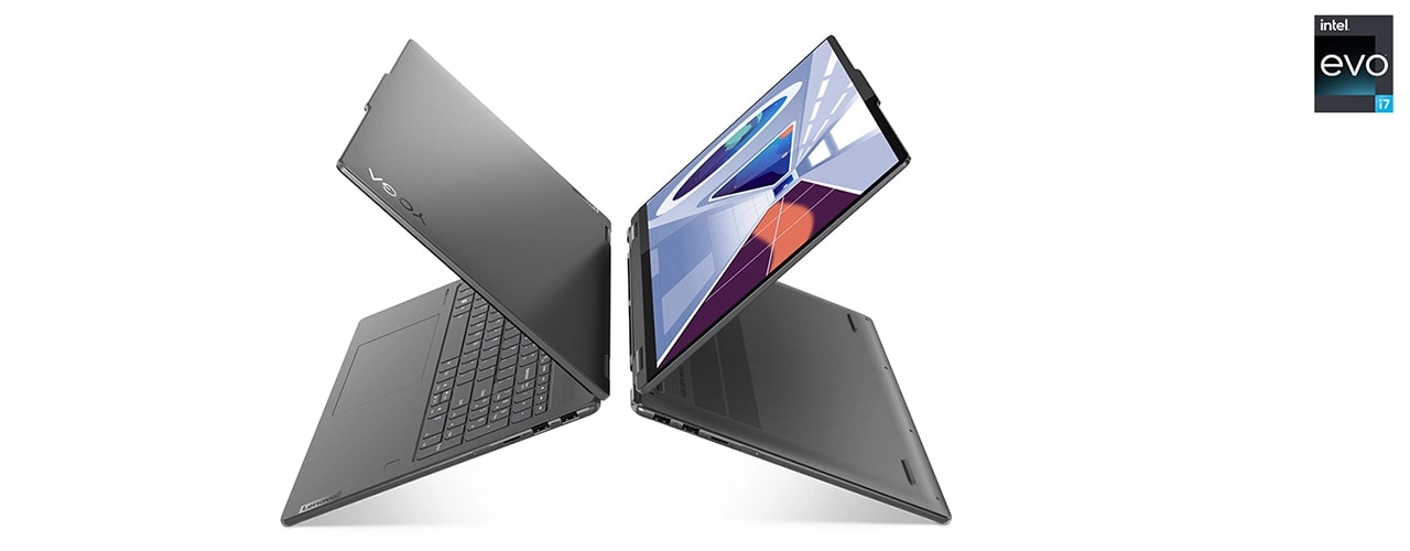 Yoga 7i Gen 8 laptop in laptop mode facing left and Yoga 7i Gen 8 laptop in presentation mode facing right