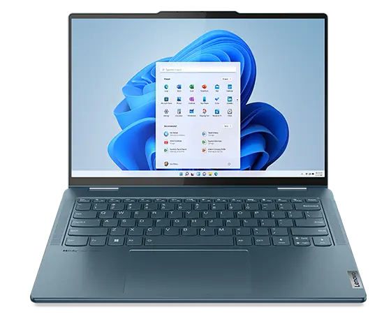 Vue de face du portable Yoga 7i Gen 8 avec l’écran allumé