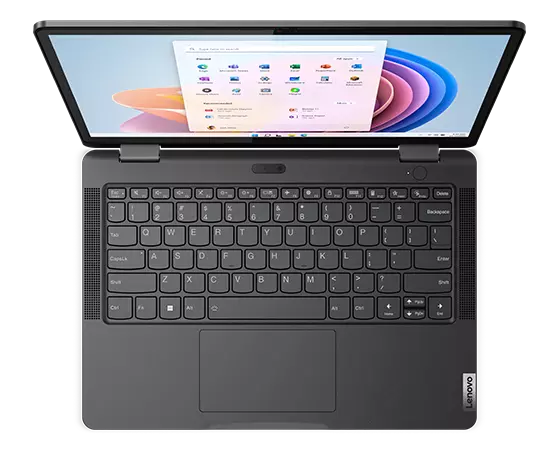 Lenovo 13w Yoga Gen 2 (13" AMD) bærbar 2-i-1-computer - i bærbar tilstand og tastaturet set fra oven