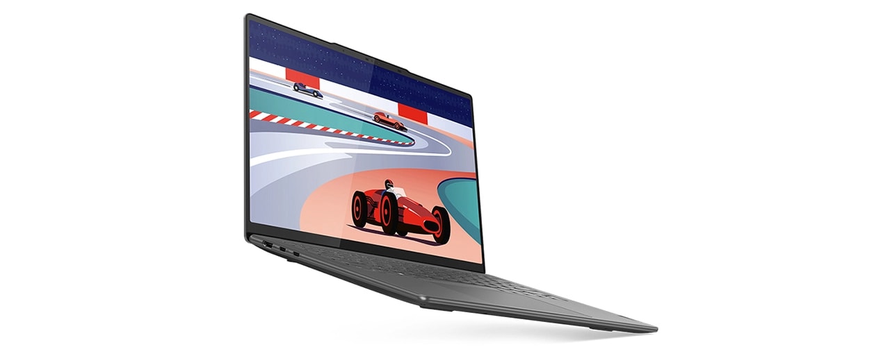 Yoga Pro 7i Gen 筆記型電腦，螢幕上顯示卡通賽車