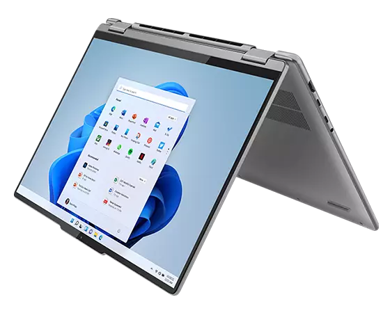 Yoga 7 Gen 8 (16″ AMD) in tent mode facing left with Windows 11 on the screen