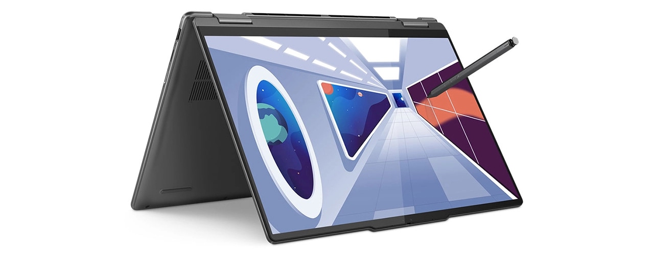 Yoga 7 Gen 8 (14″ AMD) in tent mode with Active Pen