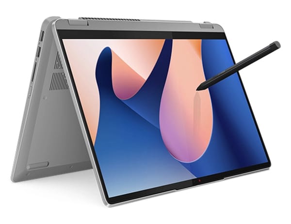 Right-facing Artic Grey IdeaPad Flex 5i in tent mode with the optional pen.