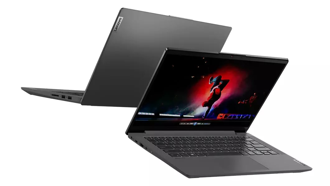 Voor- en achteraanzicht van twee Lenovo IdeaPad 5 (14) Intel-laptops