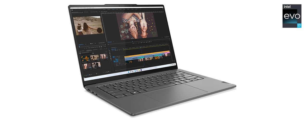 Yoga Pro 7i Gen 筆記型電腦，螢幕上開啟影片編輯軟體